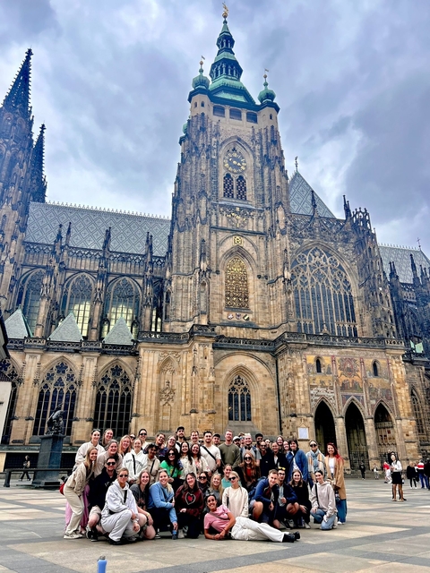 Detailed view of a Gothic-style cathedral.