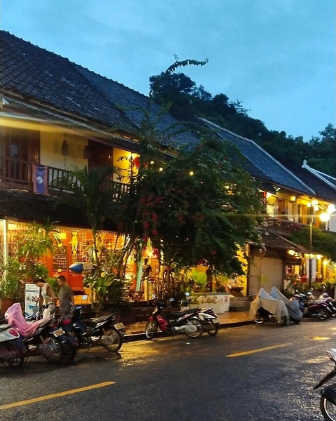       Street scene with shops and people in a vibrant town.
  