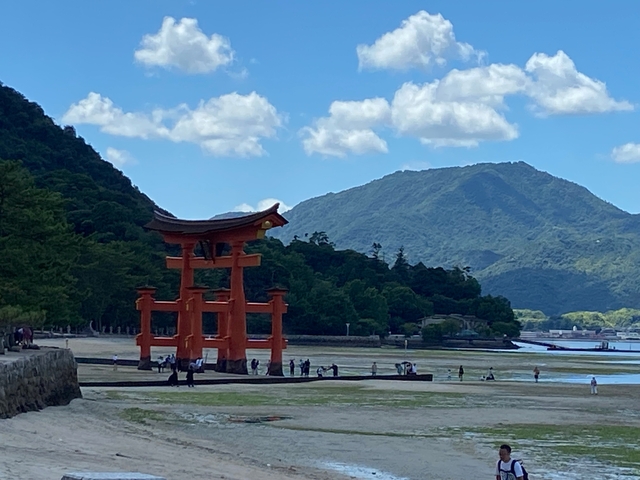       Torii gate with mountains and water in the background.
  