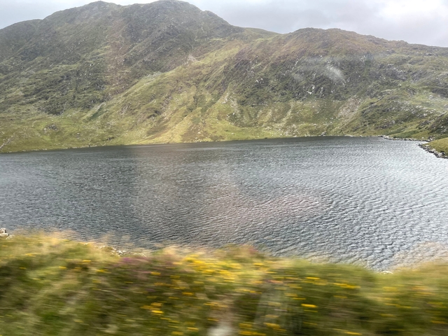 A lake with hills in the background and grasses in the foreground.