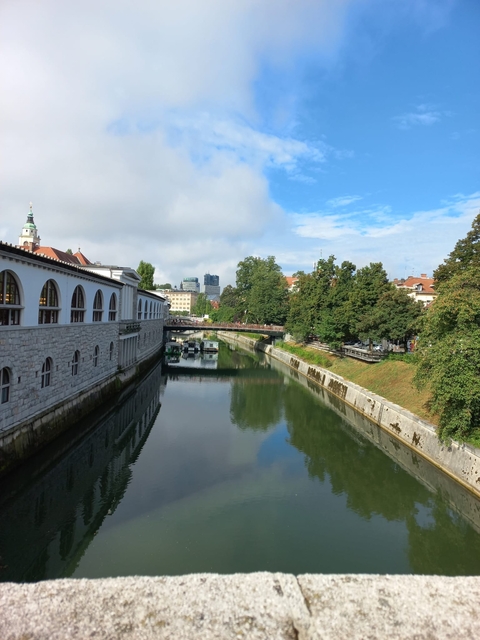       A canal with reflection of buildings and trees.
  