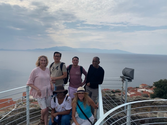 Group of tourists at an observation deck with sea view.