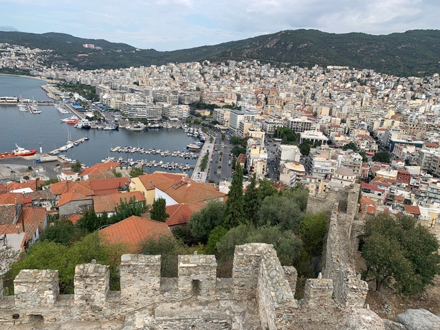       Aerial view of a coastal city with dense buildings and a marina.
  