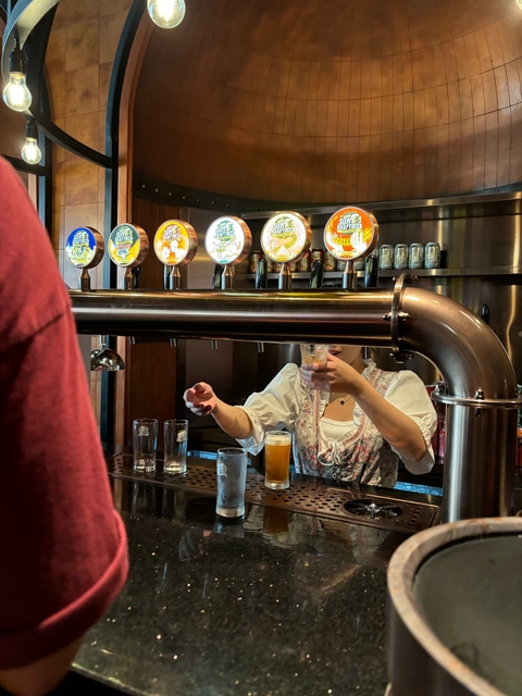       Interior of a bar with beers on tap and a bartender serving drinks.
  