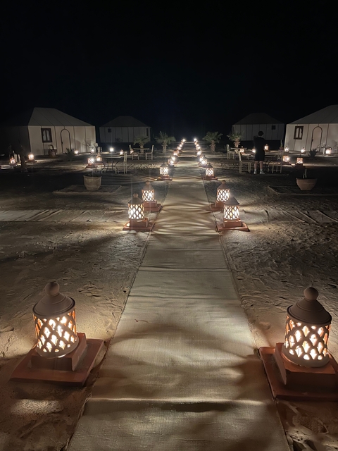 Lit pathway with decorative lights in a desert setting at night.