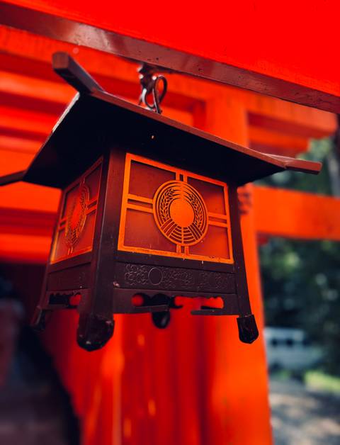 Decorative Japanese lantern in a shrine setting.