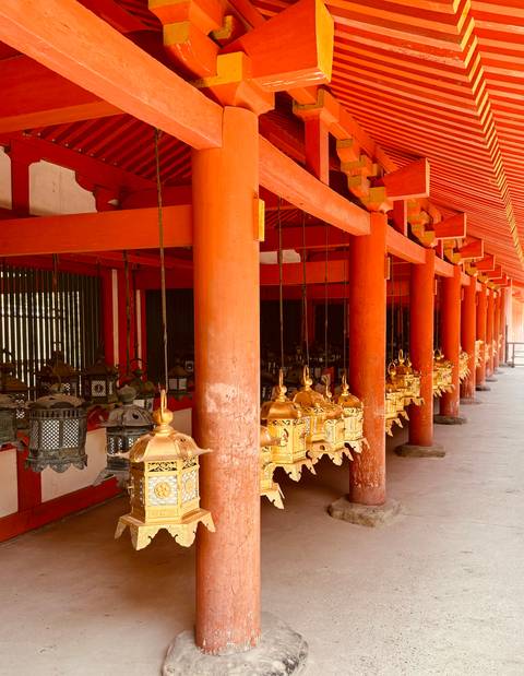 Row of hanging lanterns in a temple-like structure.