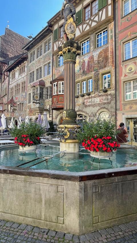 Beautifully decorated fountain in a historic town square.