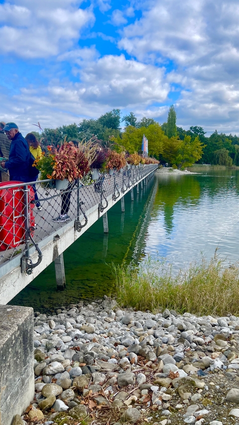 Bridge decorated with potted flowers over a body of water.