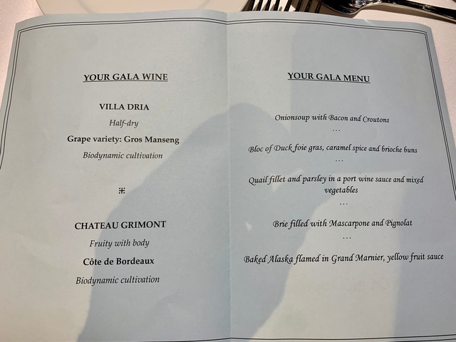 Wine and food gala menu with text.