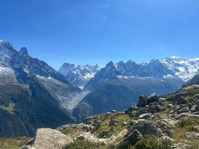      Majestic mountain peaks with a clear blue sky.
  