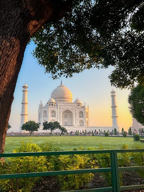       Taj Mahal framed by trees at sunset with clear orange sky.
  