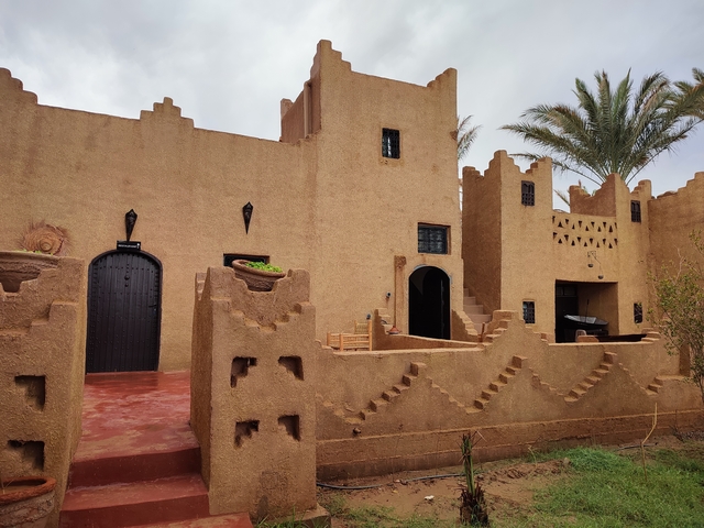       Traditional mud-brick building with palm trees.
  