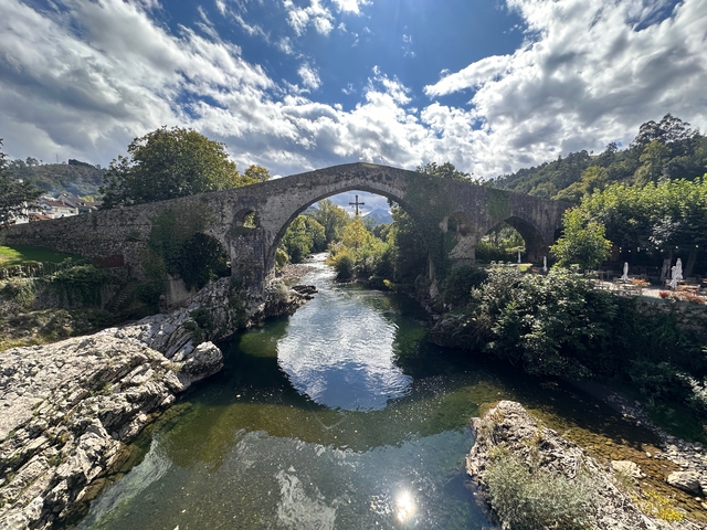       Ancient stone bridge over a river with greenery.
  