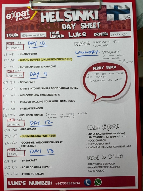 Close up of a travel itinerary with ferry timetable and sightseeing information.