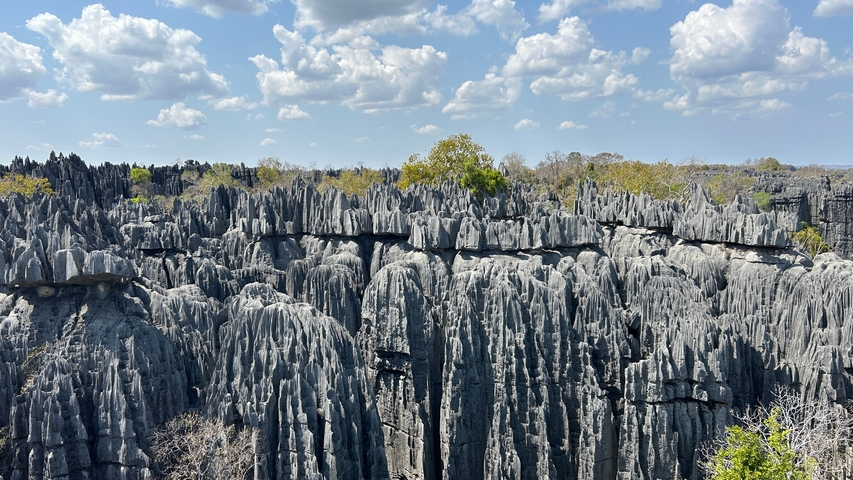 Stunning landscape of the Tsingy de Bemaraha rock formations against the sky.