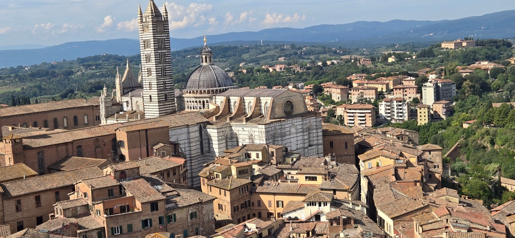       An aerial view of a historic city with a prominent cathedral, surrounded by old buildings and green hills.
  
