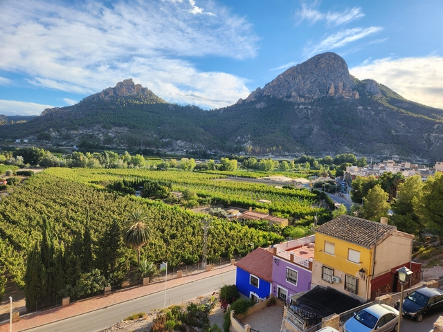 Fertile valley with fields and distant mountains