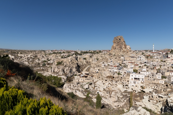 A town built into the rock landscape in Cappadocia.
