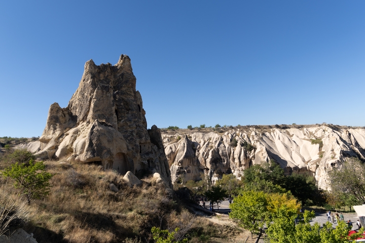 A prominent rock formation surrounded by vegetation.