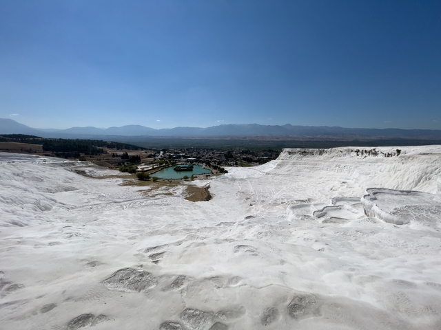 Panoramic view of the white terraces at Pamukkale.