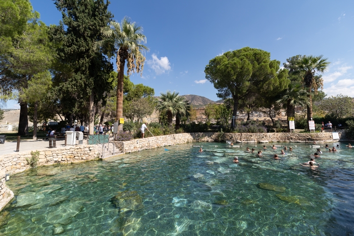 People swimming in a spring pool surrounded by trees.