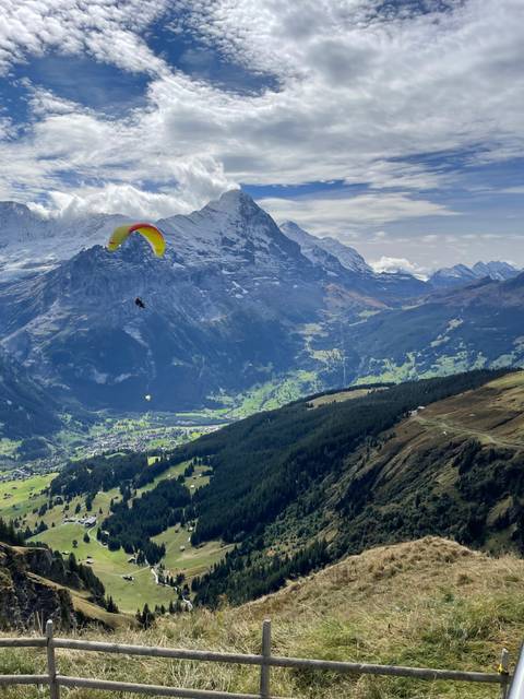 Paraglider soaring above scenic mountain landscape