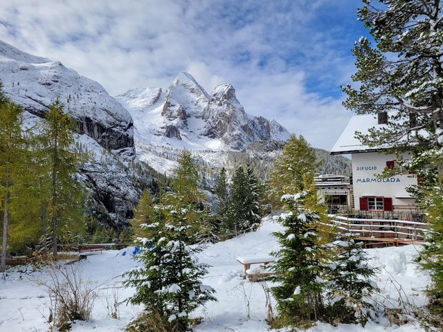 Snow-capped mountains with trees and a small lodge.