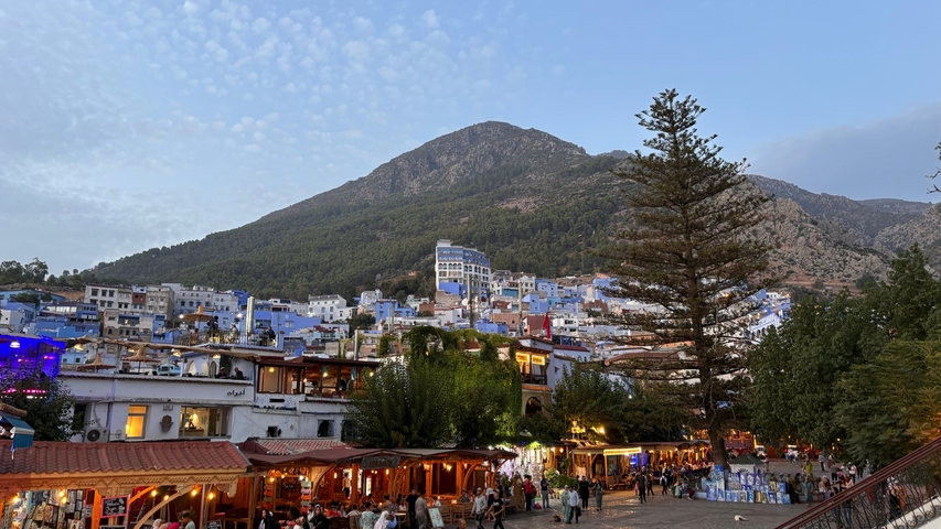 Scenic view of a hillside town with colorful buildings at dusk.