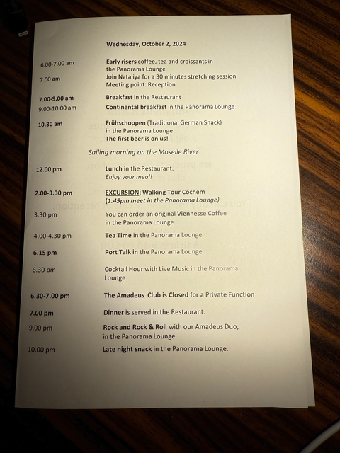 Cruise schedule with times for different events