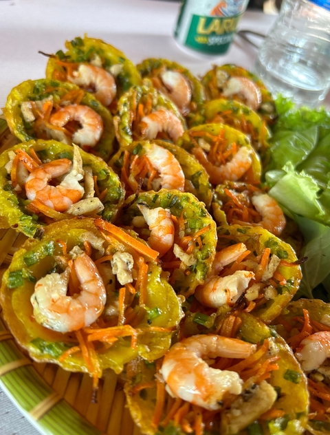       Close-up of Vietnamese shrimp cakes.
  