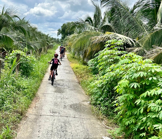       Cyclists riding along a lush, green path.
  