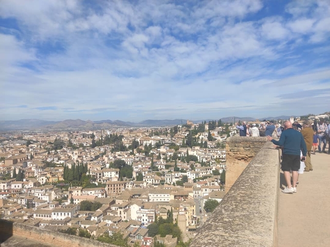       Panoramic view of a city with people on an overlook.
  