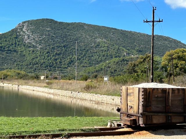       Wooden cart beside a water channel with mountain backdrop.
  