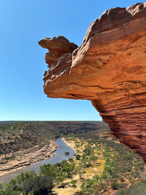       Rocky ledge overlooking a vast canyon landscape.
  