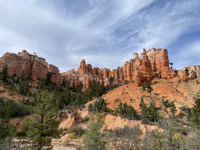      View of Bryce Canyon's rock formations and desert landscape.
  