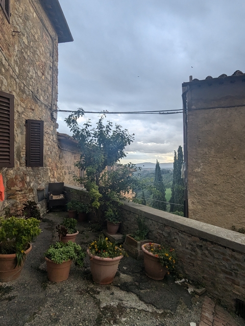 Rustic stone buildings with greenery