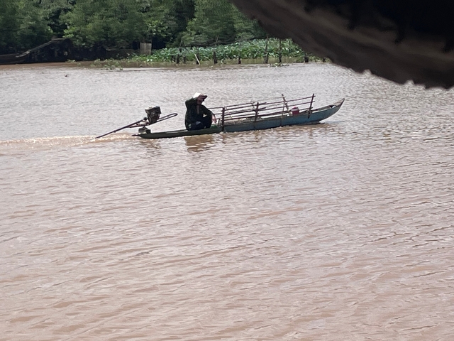       A person paddling a narrow boat on a river with lush greenery in the backdrop.
  