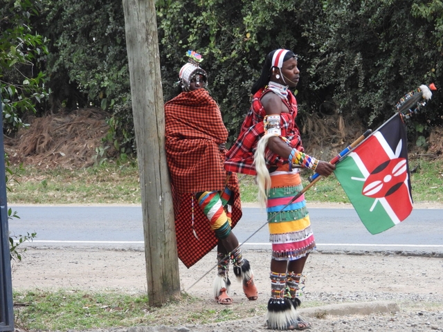       Two people in vibrant traditional attire holding a flag.
  