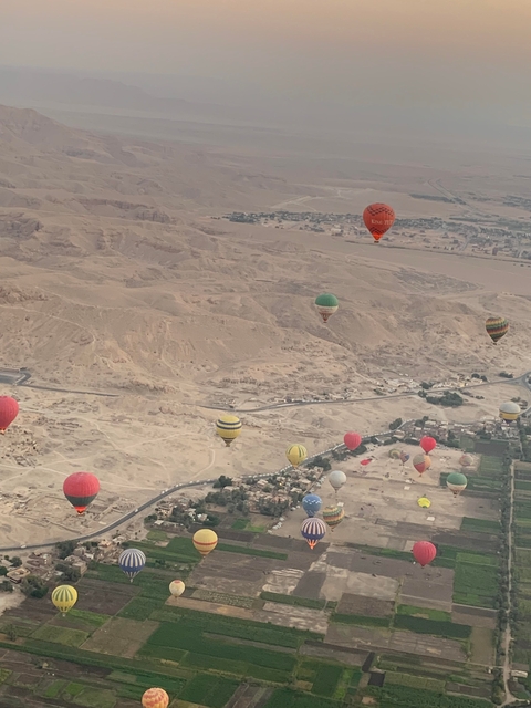 Hot air balloons floating over the desert landscape.