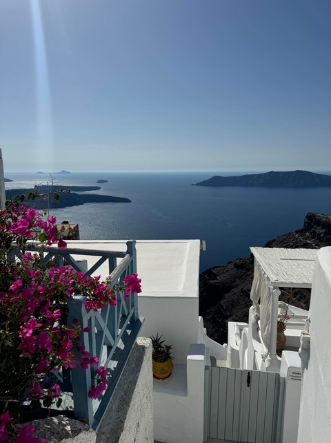       Sea view with islands and pink flowers on a balcony
  