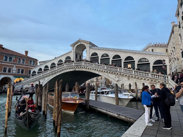       Busy canal with gondolas and the Rialto Bridge
  