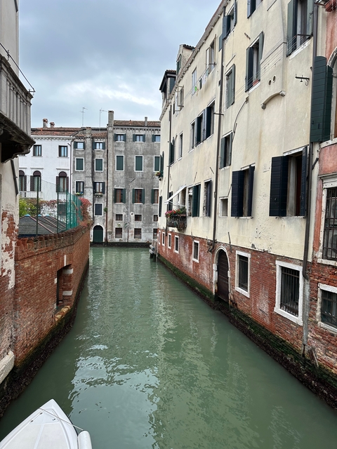 Venice canal with historical buildings on both sides.