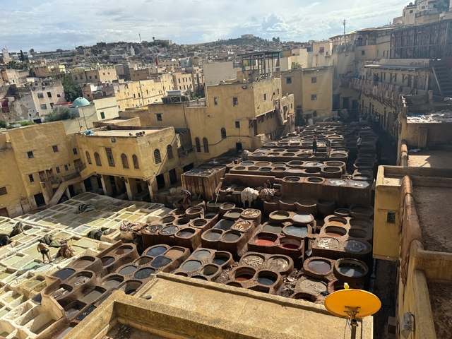 Overview of Fes tannery with numerous dyeing vats.