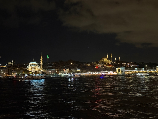       A night view of a city with illuminated mosques by the water.
  