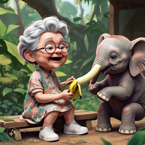       Animated elderly woman with an animated baby elephant holding a banana.
  