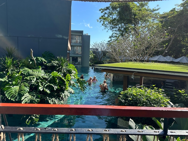 People in a swimming pool surrounded by tropical plants and buildings.