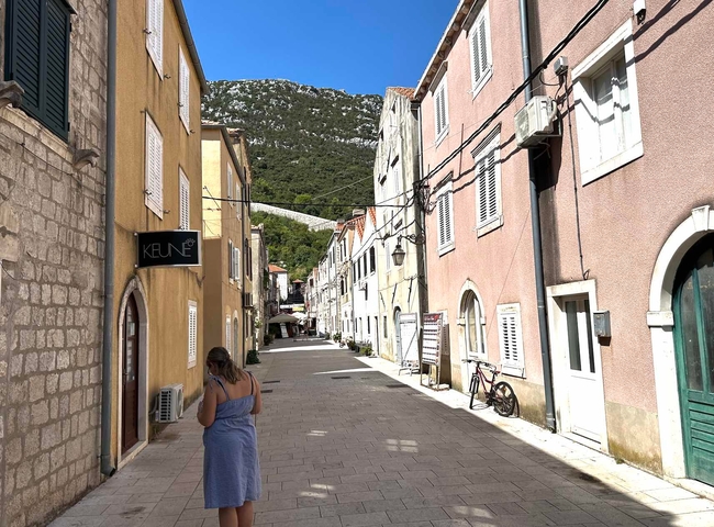 Picturesque street with colorful buildings and a view of a mountain.