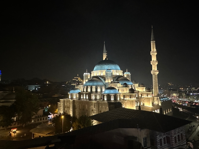 Illuminated mosque with domes at night in a bustling city.