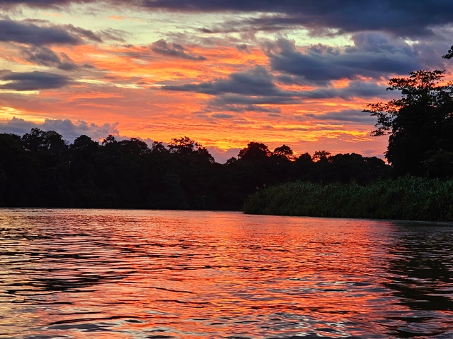 Vibrant sunset over a river with trees along the bank.